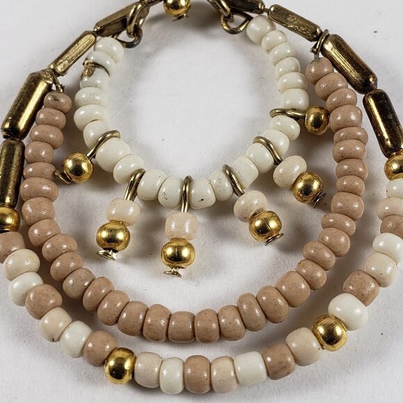 Women's Vintage Gold tone, White & Brown Multi-Strand Beaded Teardrop Earrings - Picture 3 of 4